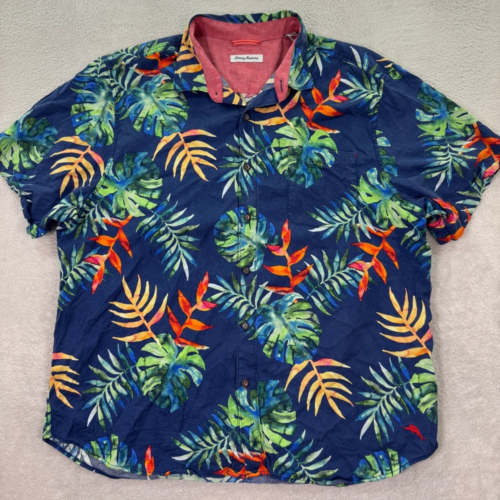Tommy Bahama Mens XXL Hawaiian Shirt Navy Blue Tropical Leaf Tencel Cotton 14946